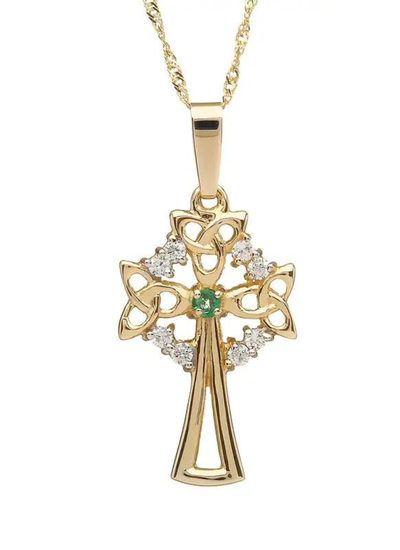 10ct Gold Celtic Cross Emerald Diamond Pendant